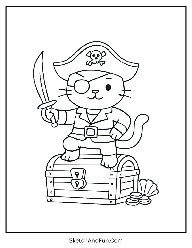 Brave pirate kitten on treasure chest for bold cat mandala coloring page free.