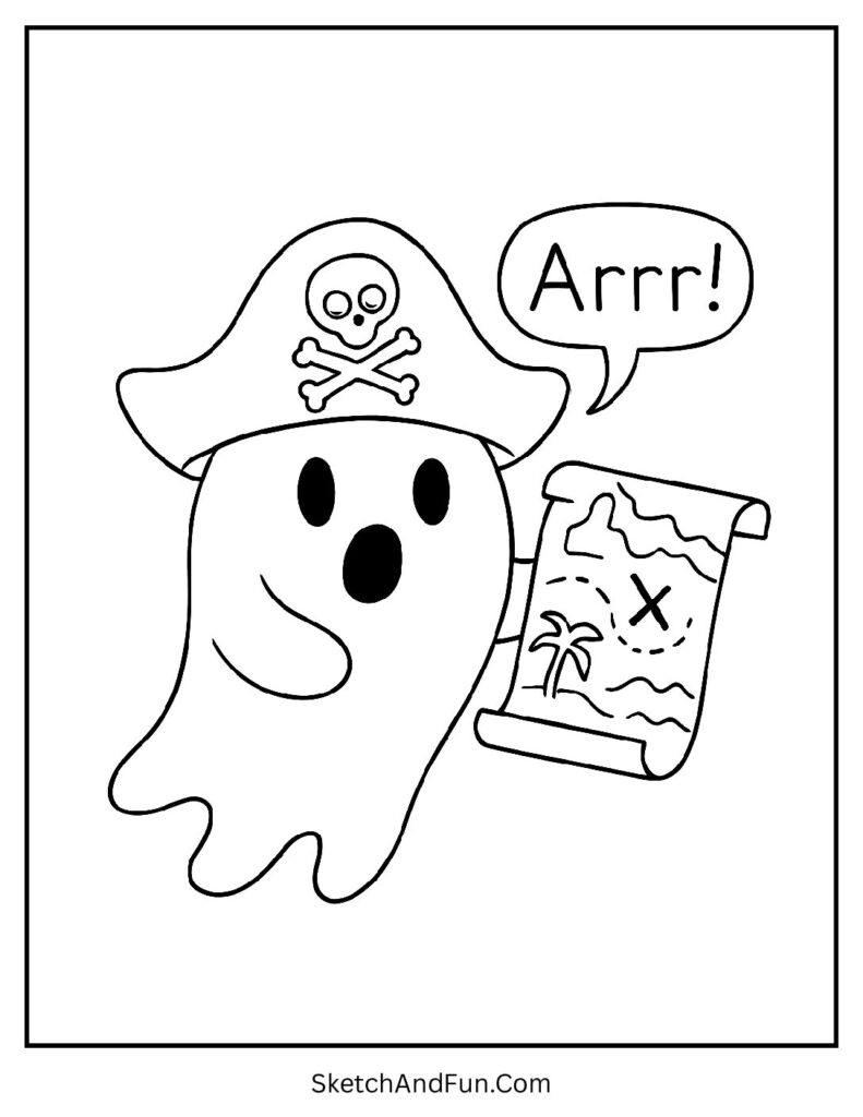 A pirate ghost with a treasure map is a fun idea for ghost coloring pages elementary children.