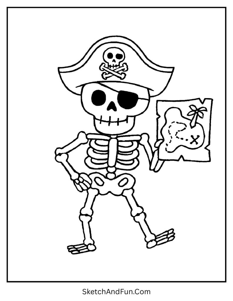 A skeleton pirate with a treasure map – Halloween coloring pages for adults