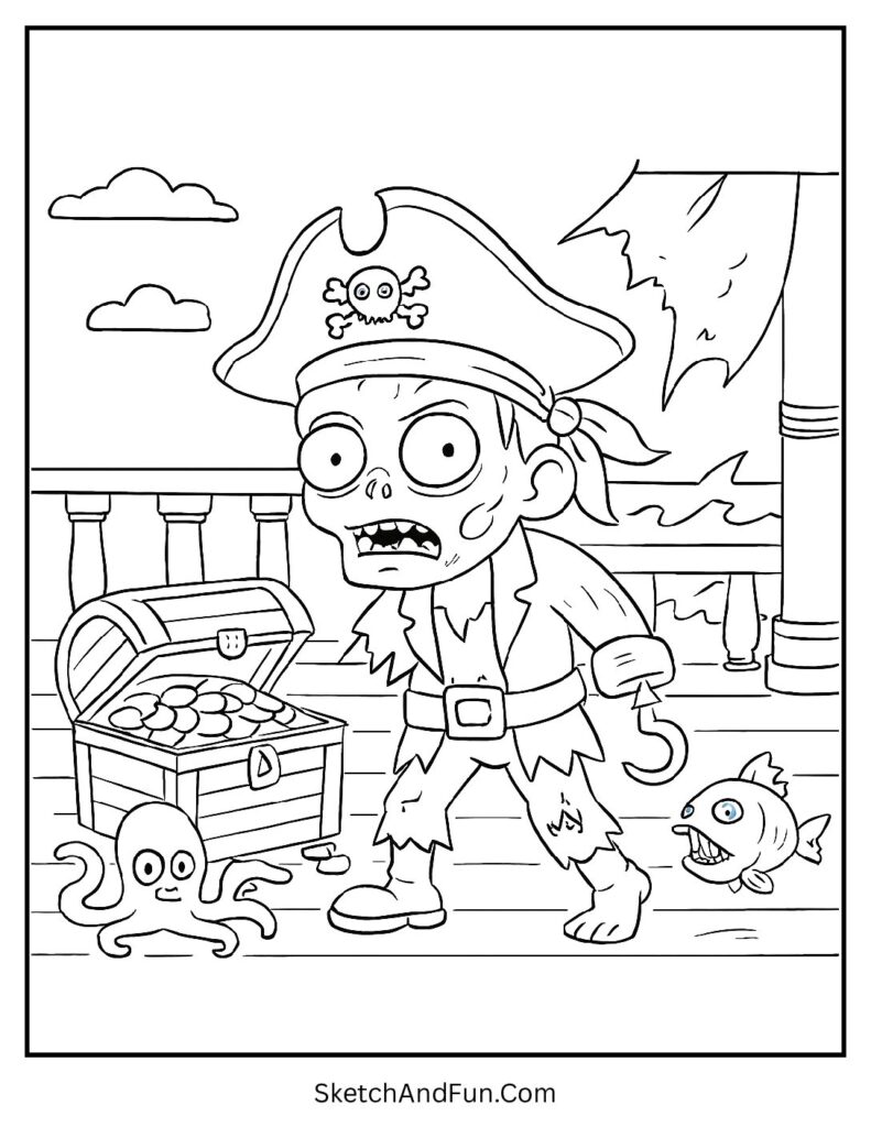 Pirate zombie with hook and haunted ship – zombies coloring book printable activity.