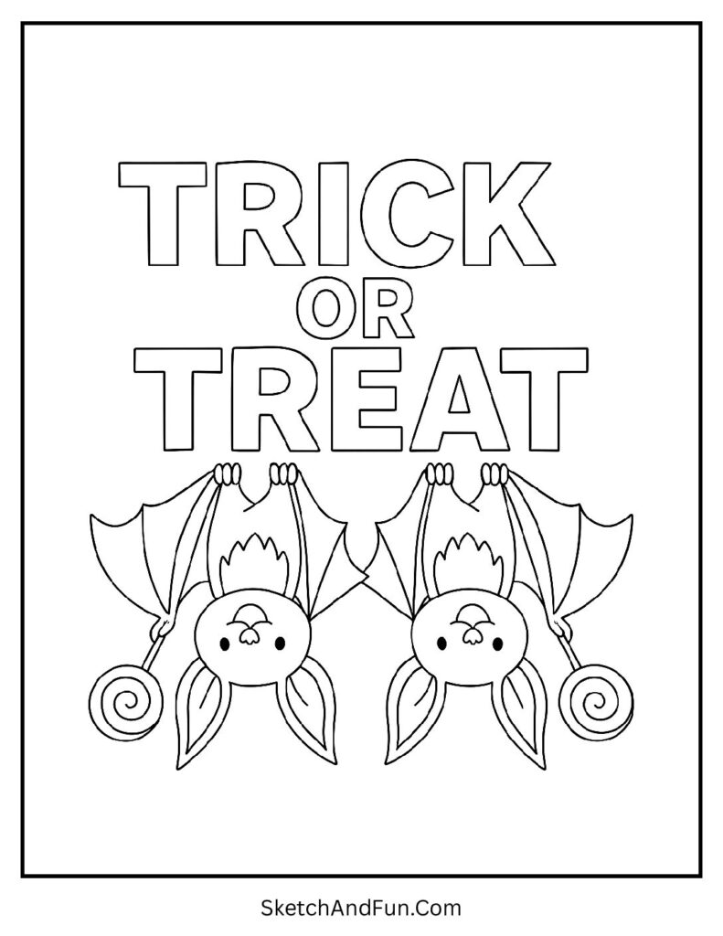 Bats hanging with lollipops for unicorn trick or treat coloring page.