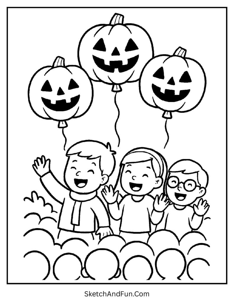 Free printable autumn coloring pages with floating pumpkin balloons in a parade