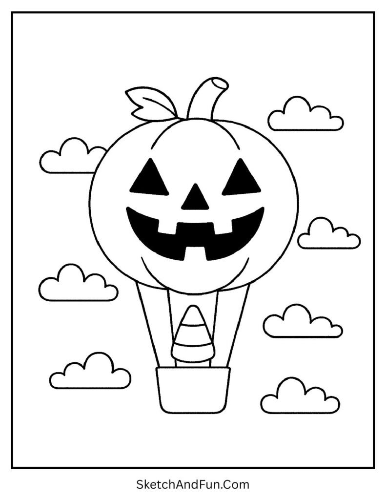 A pumpkin-shaped hot air balloon ride – happy Halloween coloring pages