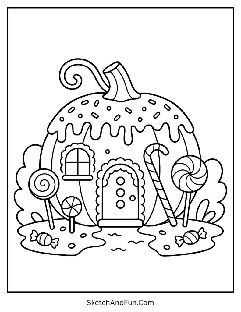Candy house shaped pumpkin fits perfectly as diy pumpkin coloring pages for kids