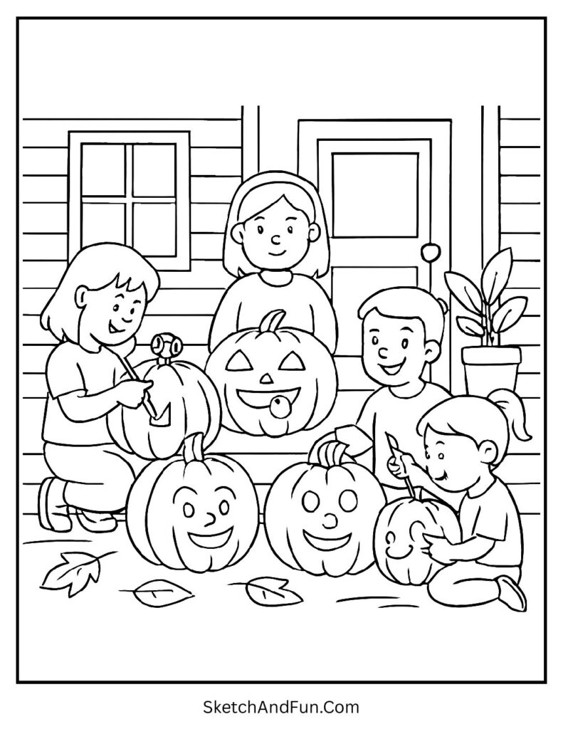 Free fall coloring pages of kids carving jack-o’-lanterns on the front porch