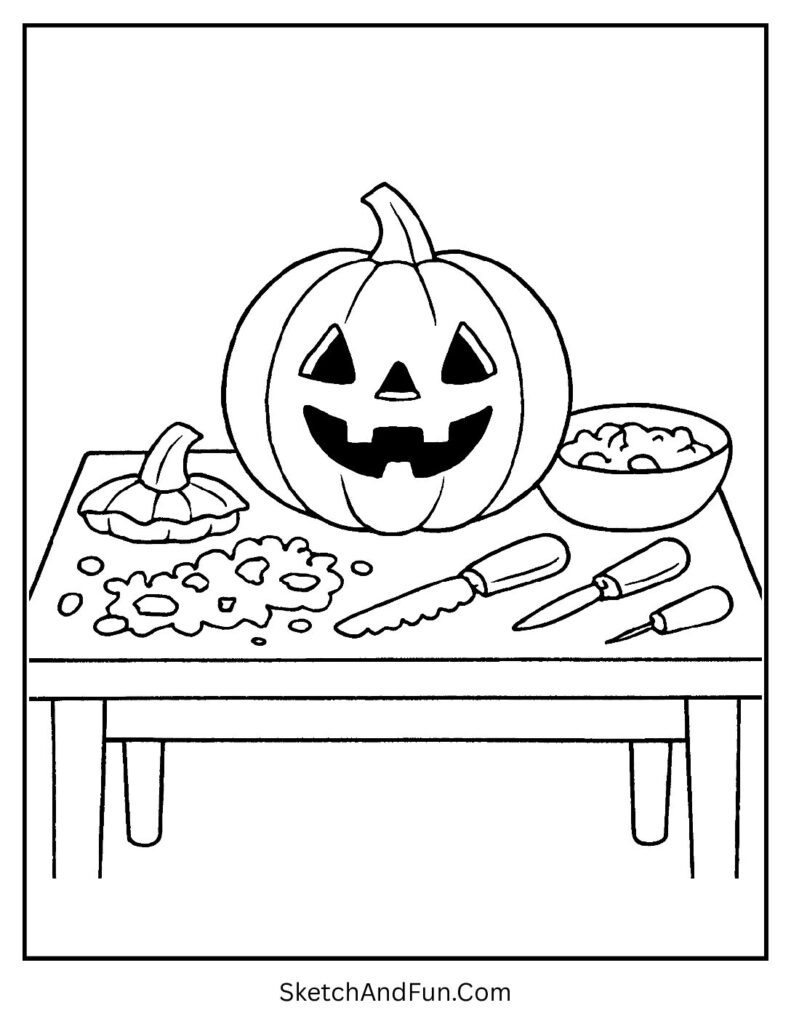Kids carving pumpkins at a fun station – Halloween coloring pages