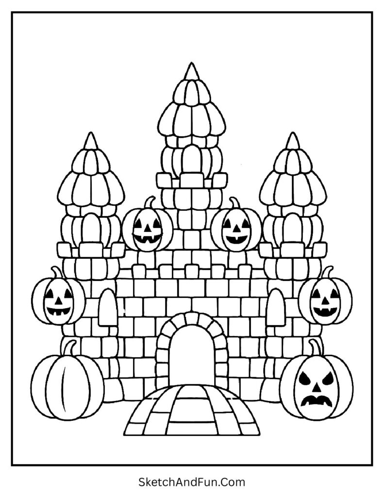Castle made of glowing pumpkins like a pumpkin coloring sheet printable fortress