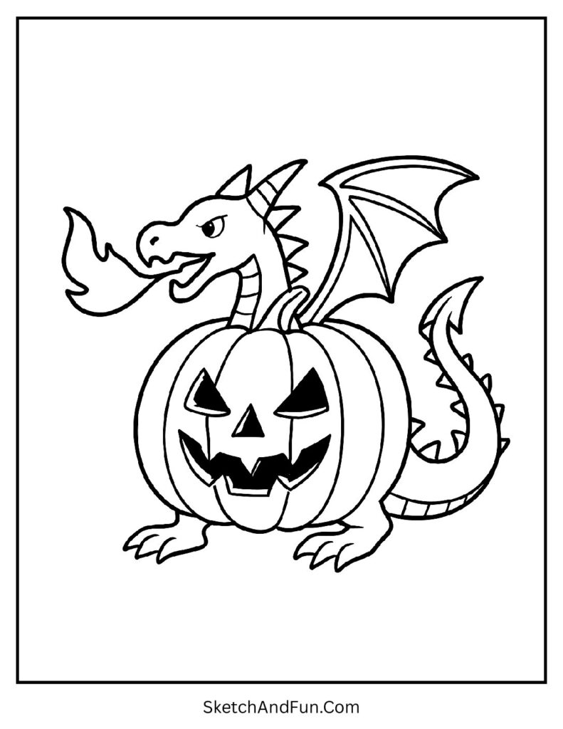 Pumpkin dragon breathing fire shaped like pumpkin coloring pages blank outline
