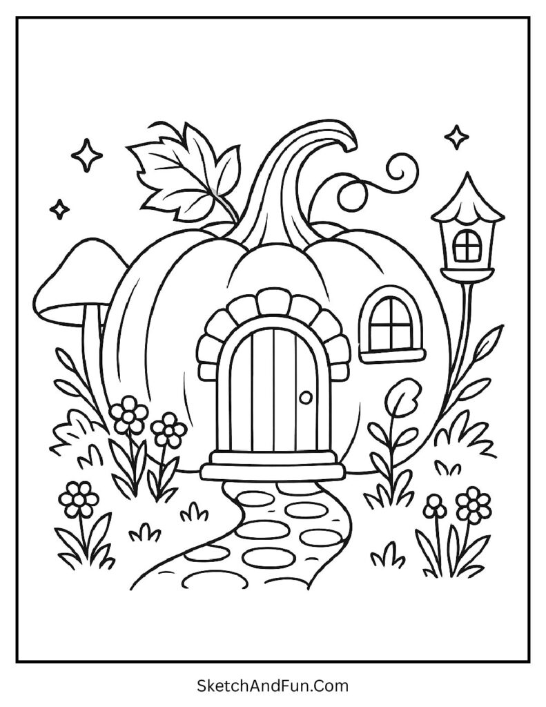 Fairy pumpkin cottage reminds of printable jack o lantern coloring sheet designs