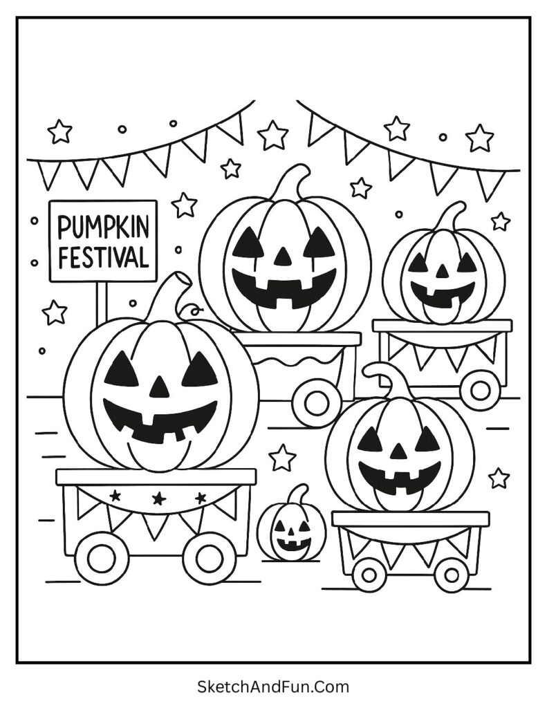 Festival parade with pumpkin floats looks like educational pumpkin coloring worksheets