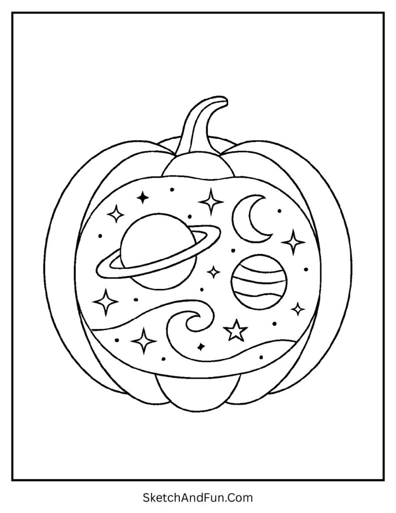 Galaxy glowing inside pumpkin from printable pumpkin templates for coloring set