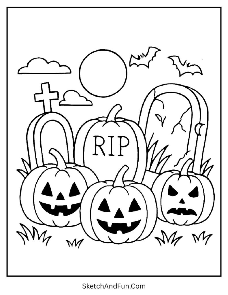 Graveyard with glowing pumpkins looks like pumpkin coloring pages for toddlers