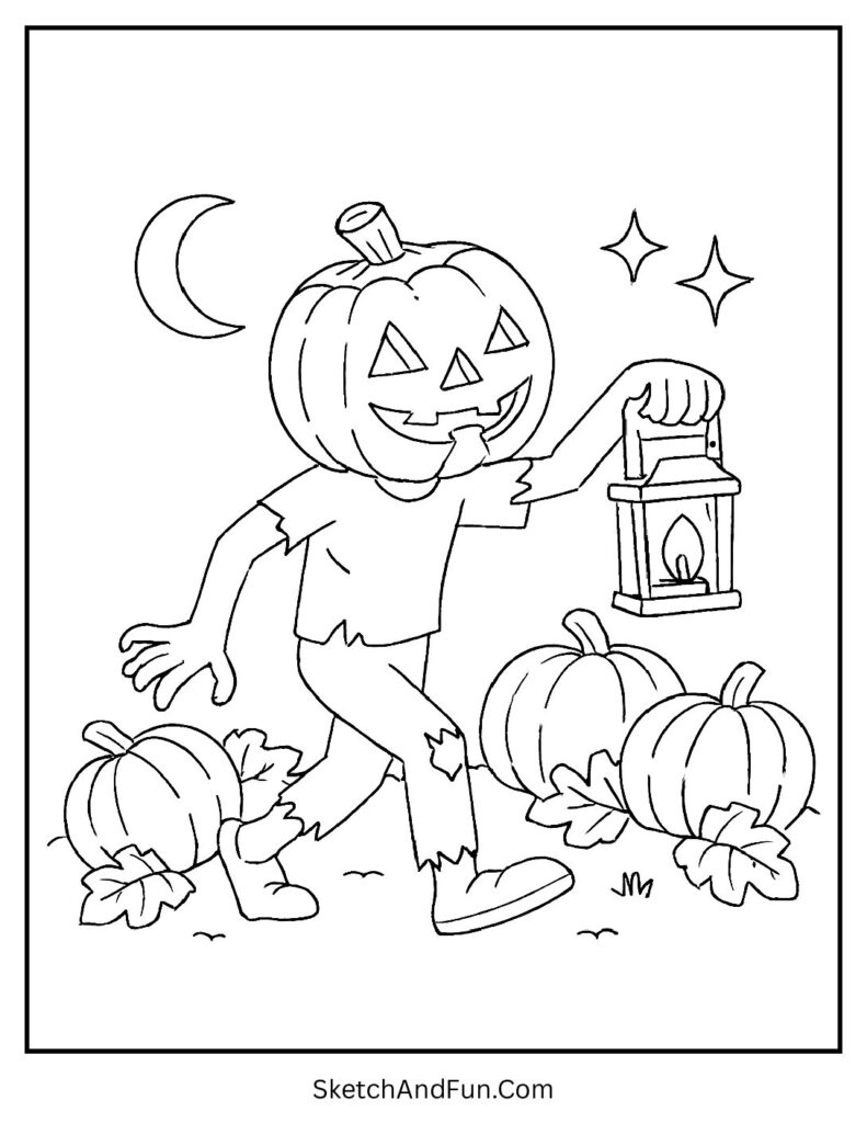 Pumpkin-headed zombie holding lantern – plants vs zombies coloring pages theme.