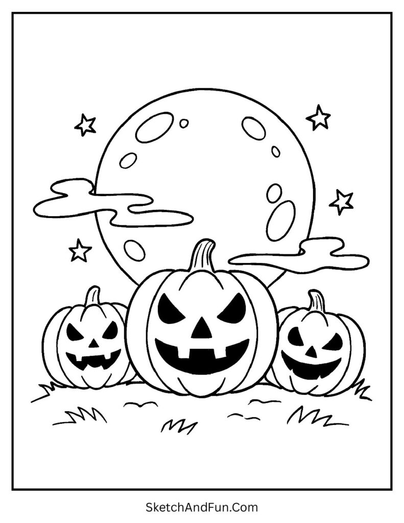 Pumpkin glowing under moon feels like cute jack o lantern coloring page design