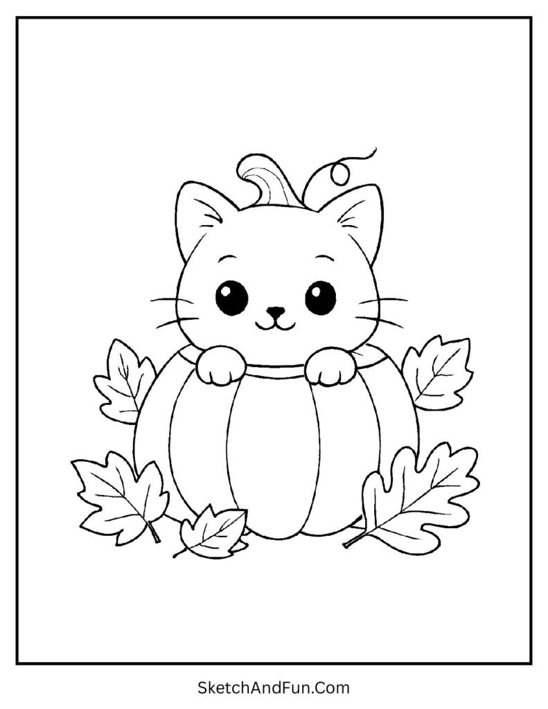 Cute kitten in pumpkin with leaves for festive cat silhouette coloring pages autumn.