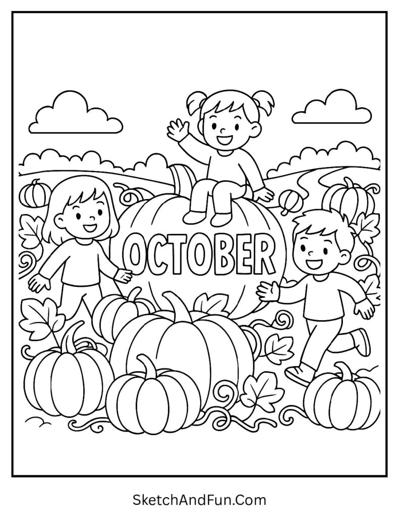 Kids in a pumpkin field with “October” carved on a pumpkin – pumpkin coloring pages October