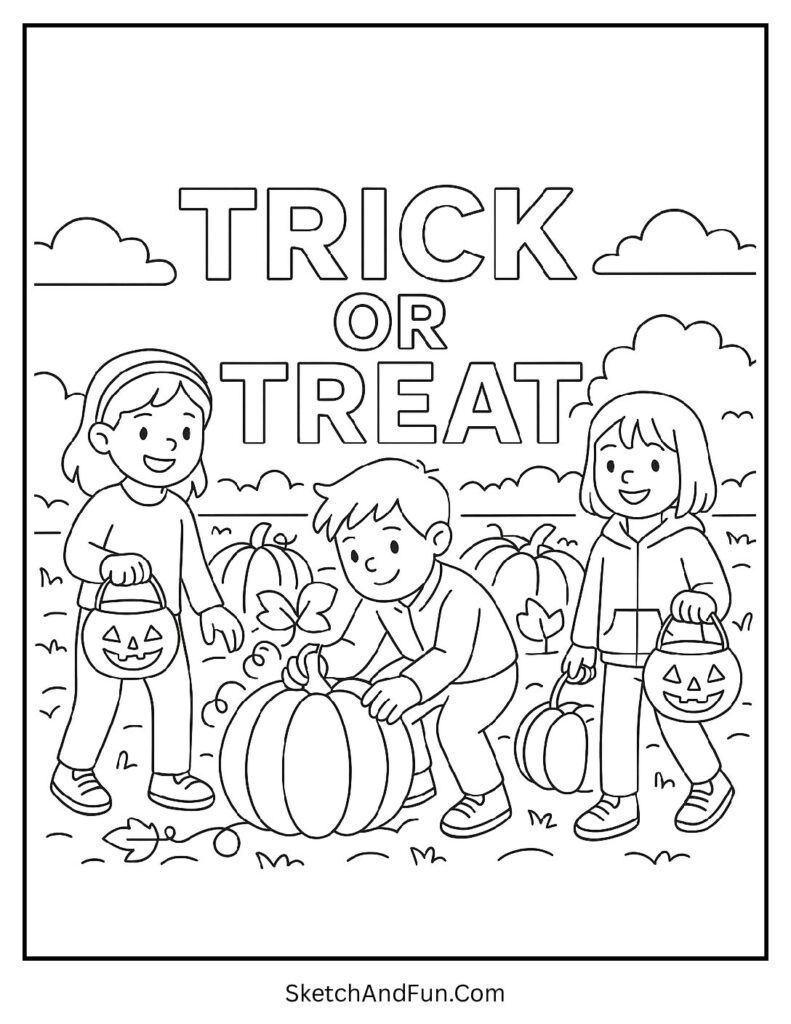 Kids collecting pumpkins in a field for easy trick or treat coloring pages for preschoolers.