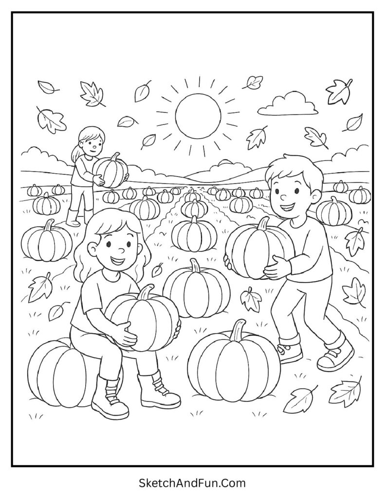 Kids picking pumpkins in a field for pumpkin harvest coloring pages.