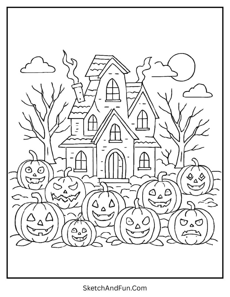 Pumpkins glow in free haunted house coloring pages.
