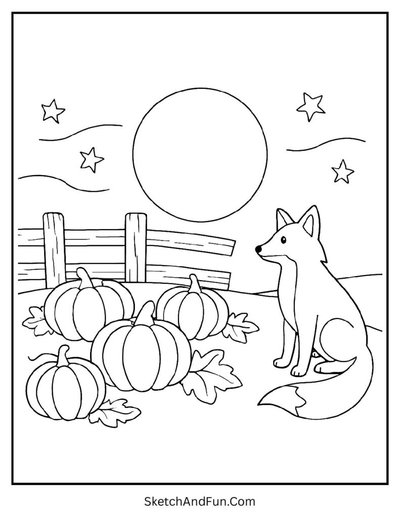 Pumpkin field under moonlight for thanksgiving coloring pages online.