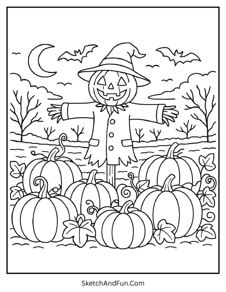 Pumpkin patch scarecrow scene for pumpkin coloring pages free kids will enjoy