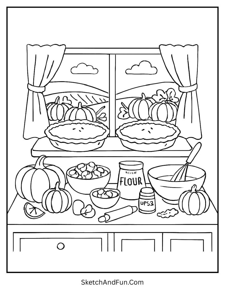 Kitchen with pies and pumpkins for harvest coloring page easy.
