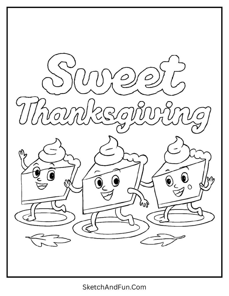 Dancing pie slices on Thanksgiving coloring and activity pages for dessert lovers.
