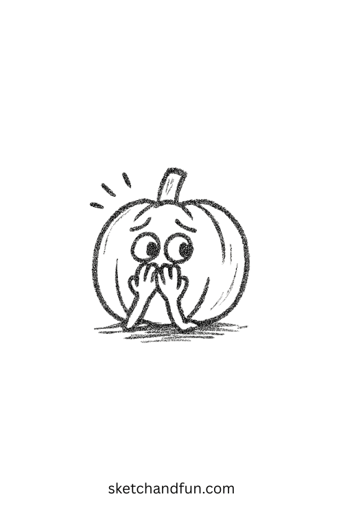 Scared pumpkin hiding behind curtain โ a must in funny Halloween drawing ideas for kids