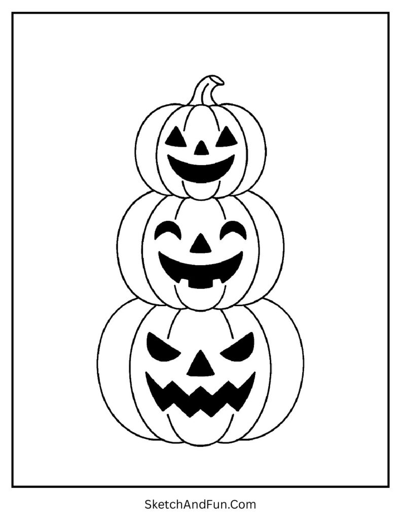 Stacked pumpkins carved in silly faces from halloween pumpkin coloring pages set