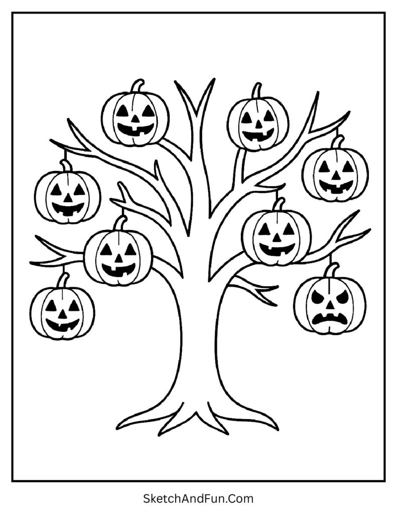 Tree branches glowing pumpkins perfect for pumpkin coloring pages adults detail