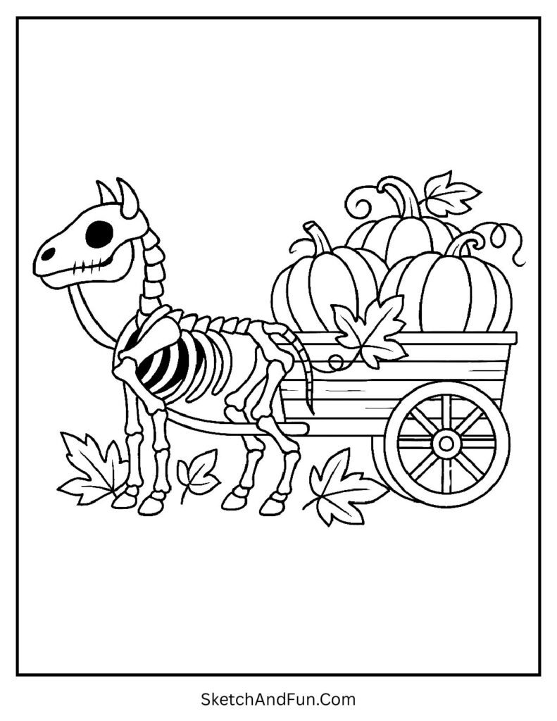 Wagon ride pumpkin pulled by skeleton horse in cartoon pumpkin coloring pages set