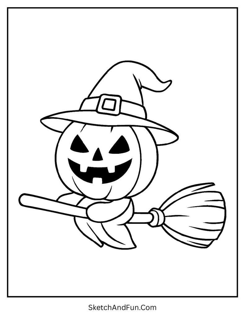 Magical broomstick flight looks like a pumpkin patch coloring page adventure