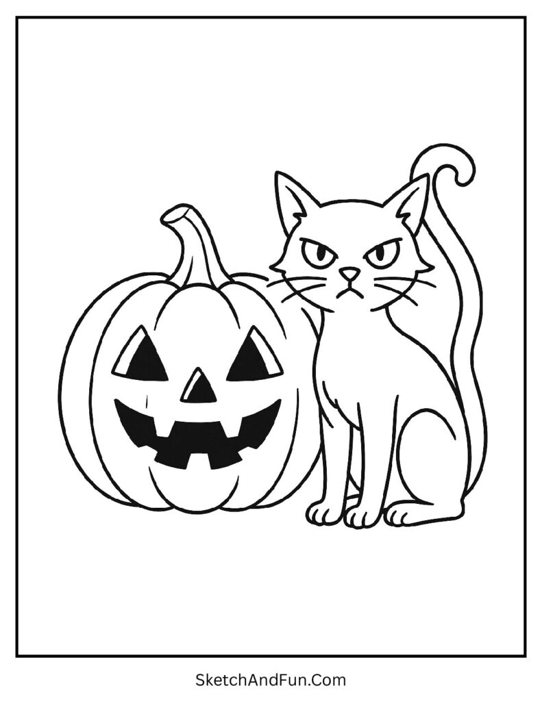Black cat curled on glowing pumpkin for pumpkin coloring pages for preschool fun