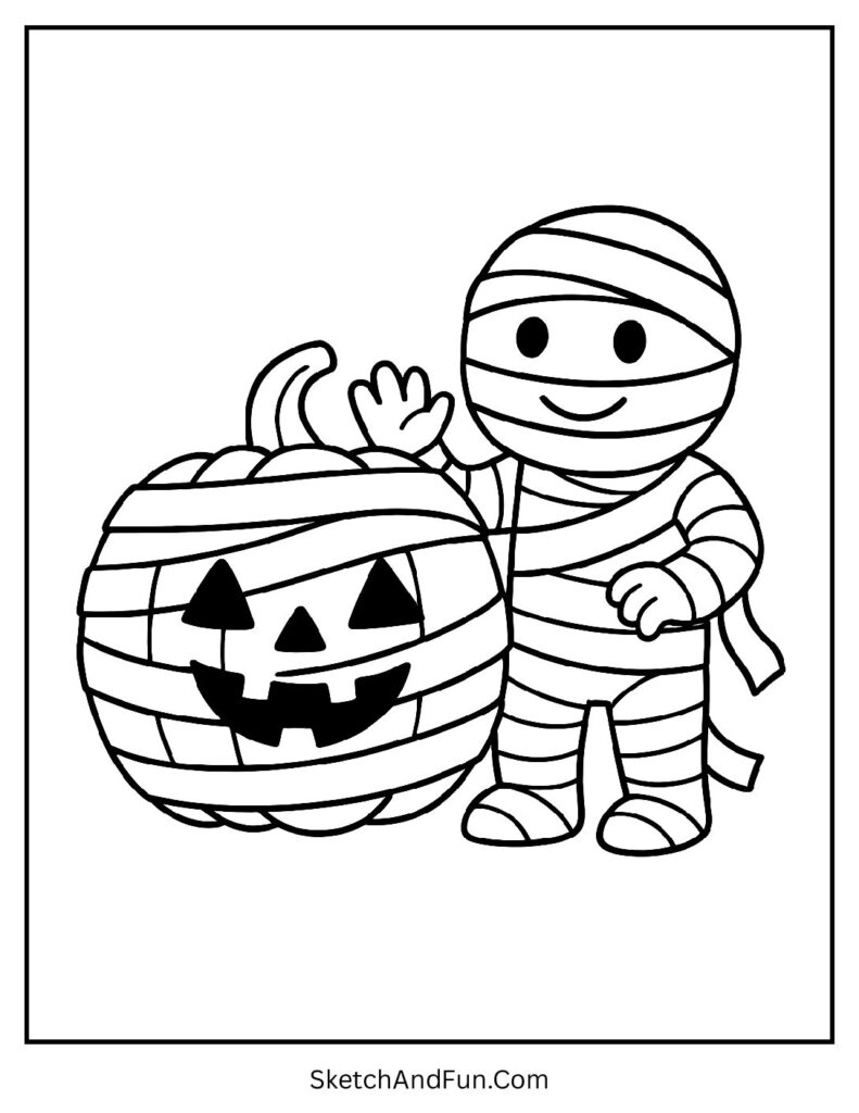 Dancing mummy with pumpkin works as intricate pumpkin coloring designs scene