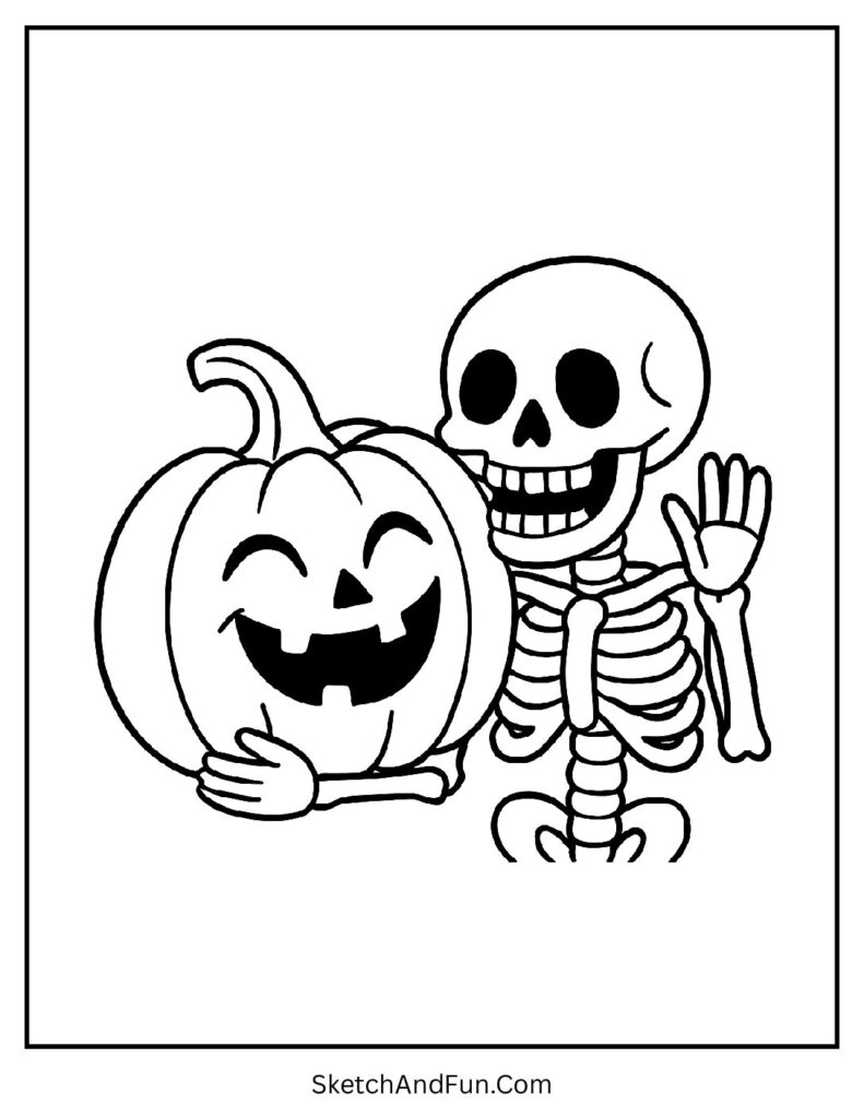 Skeleton hugging pumpkin scene for pumpkin coloring pages detailed Halloween art