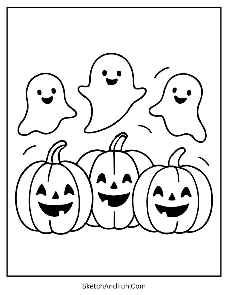 Ghosts floating with happy pumpkins like simple pumpkin coloring pages for kids
