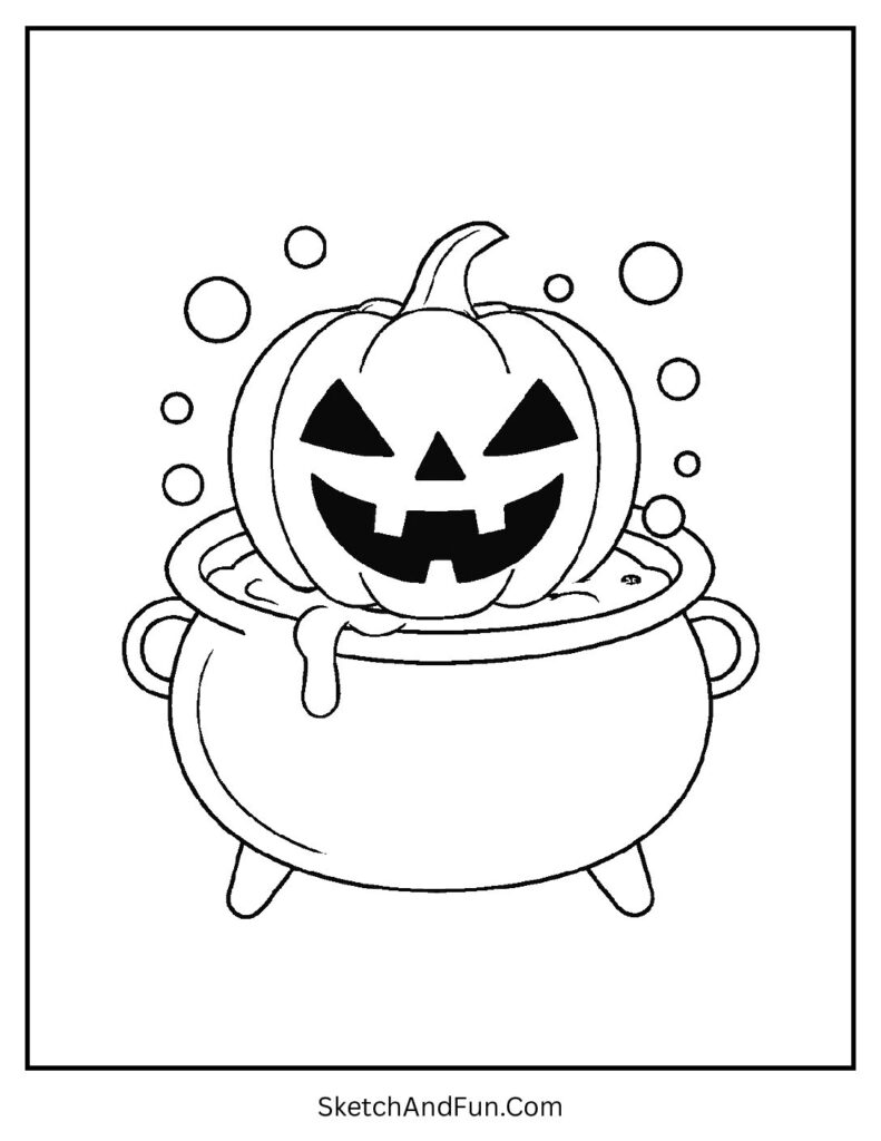 Bubbling cauldron with pumpkin works as pumpkin color by number Halloween idea