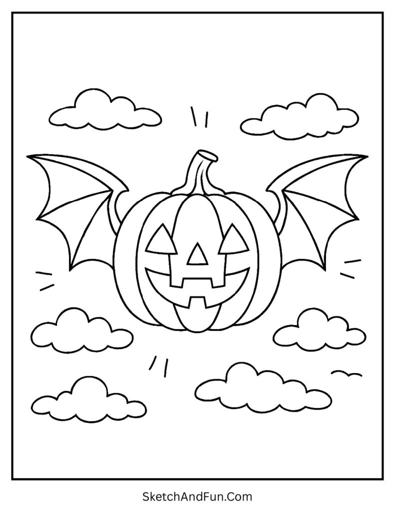 Flying pumpkin with bat wings reminds of cute pumpkin coloring pages for kids