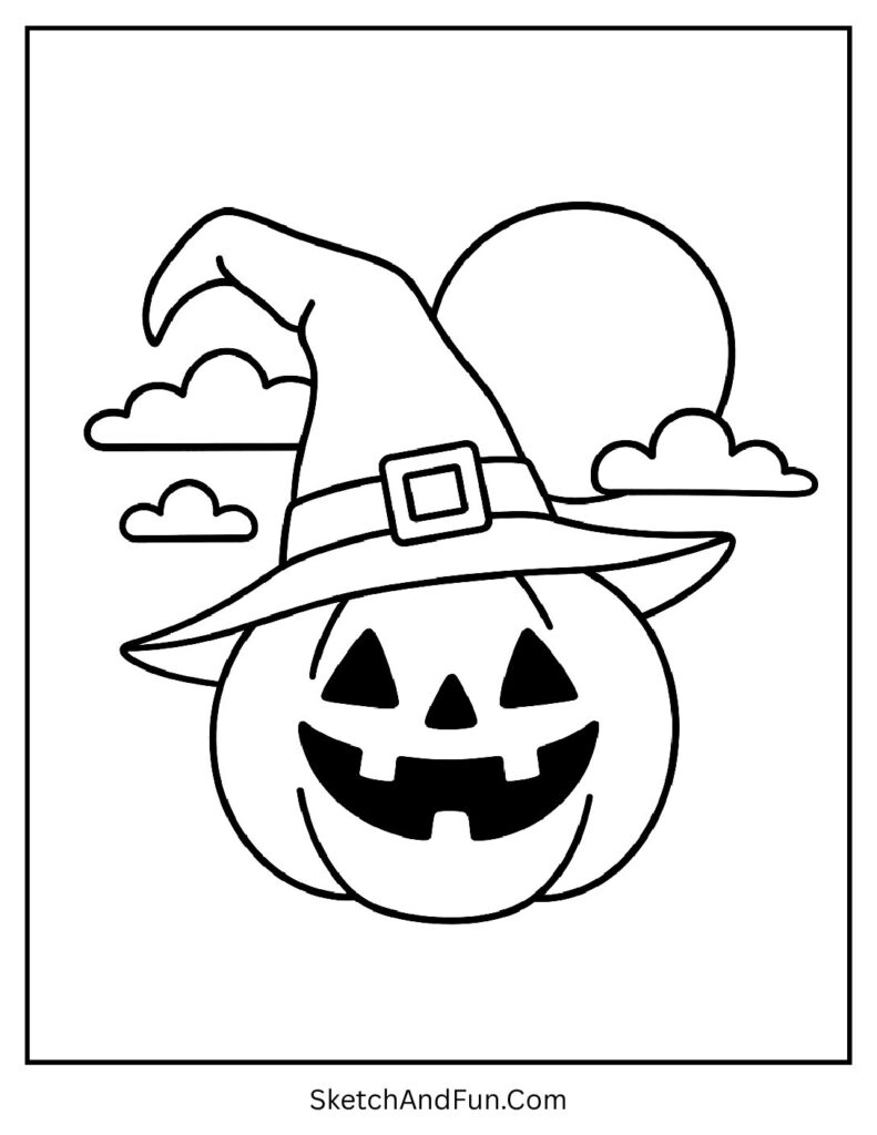 A pumpkin wearing a witch hat under the moon – pumpkin coloring pages Halloween