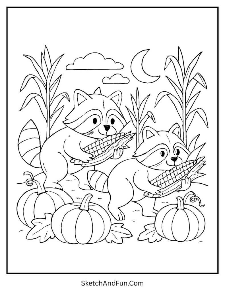 Raccoons carrying corn in a pumpkin patch for thanksgiving coloring pages for toddlers free.