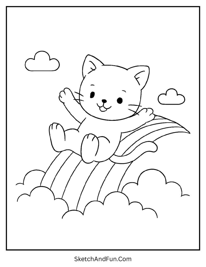 Kitten sliding on rainbow into clouds for happy sleeping cat coloring pages design.