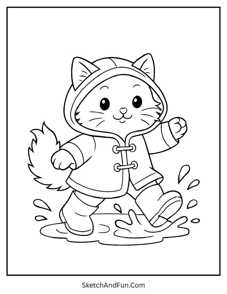 Kitten in raincoat and boots splashing puddles for cheerful printable kitten coloring page.