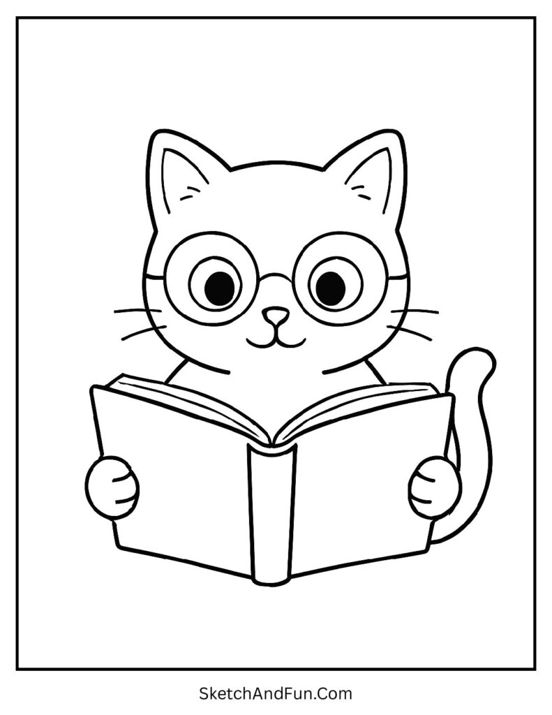 Fluffy kitten in glasses reading a book for smart and cute cat coloring book pages.