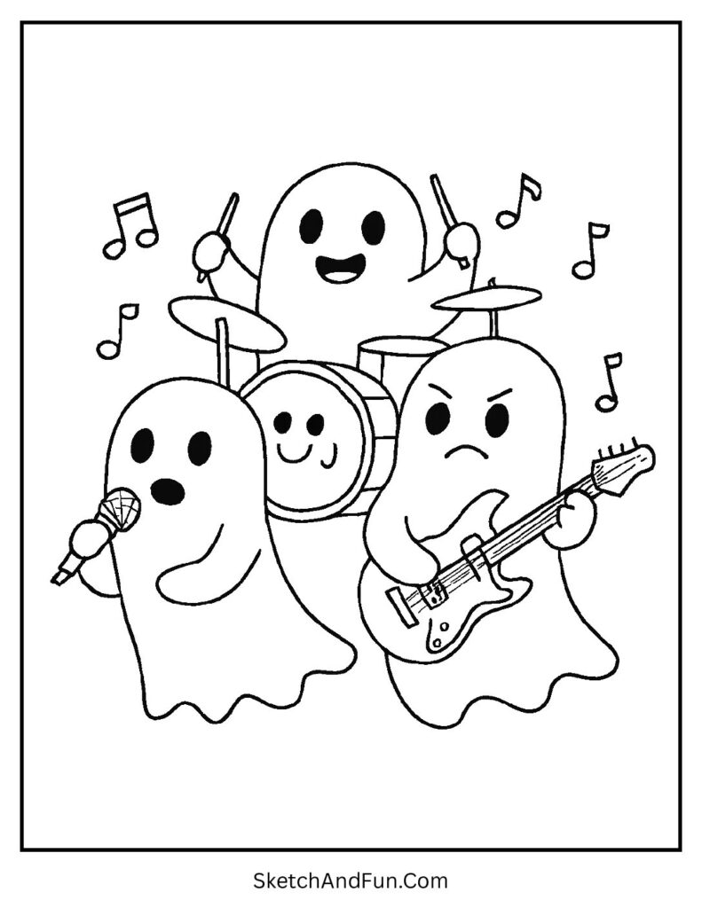 A band of ghosts playing instruments makes part of ghost coloring sheets printable free.