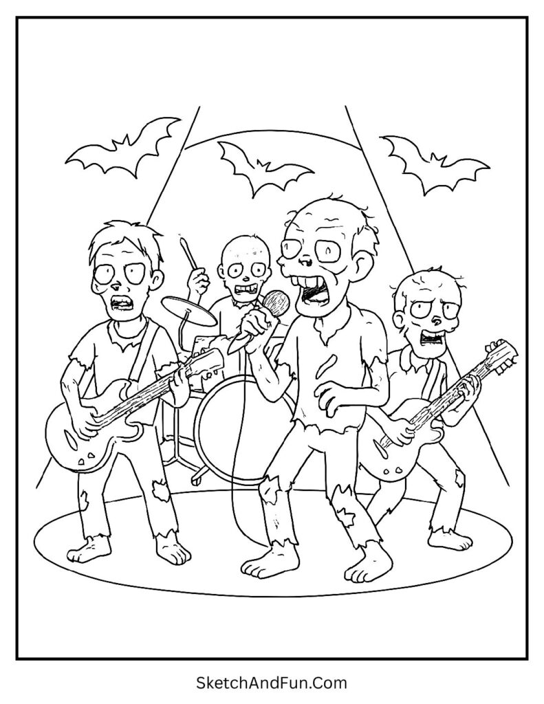Rock band zombies with guitars – zombie coloring pages bundle for party fun.