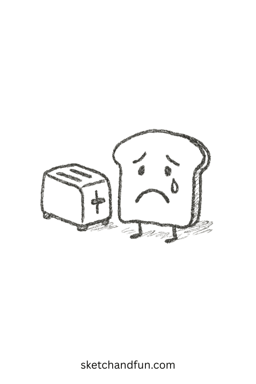 Teary slice of bread near a toaster โ one of the most hilarious drawing prompts with food characters