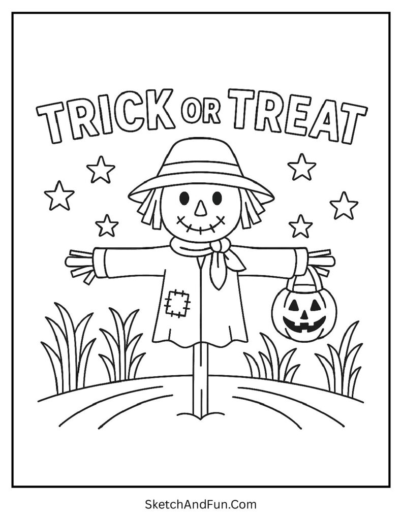 Scarecrow holding candy bucket for advanced trick or treat coloring pages detailed.