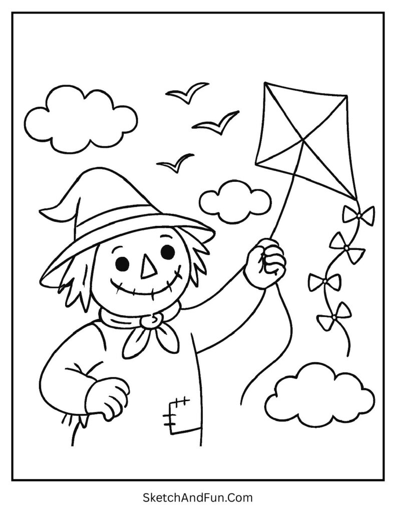Kite flying scene in scarecrow coloring pages simple