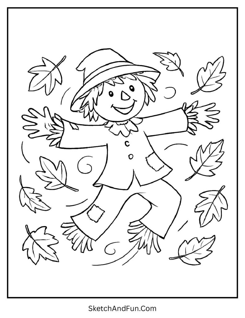 Fun autumn scene featured in scarecrow coloring pages free