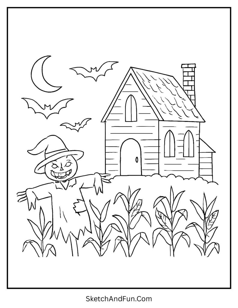 Scarecrow field in haunted house coloring book pages.